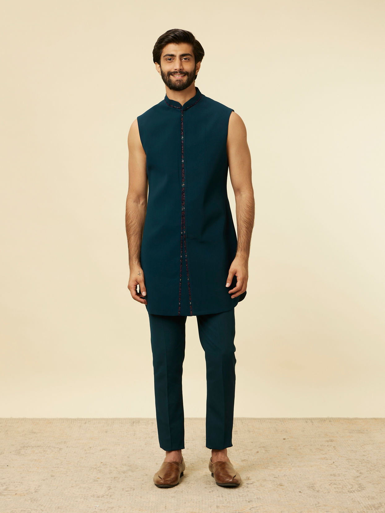 alt message - Manyavar Men Dark Blue-Teal Blue Indo Western Set image number 2